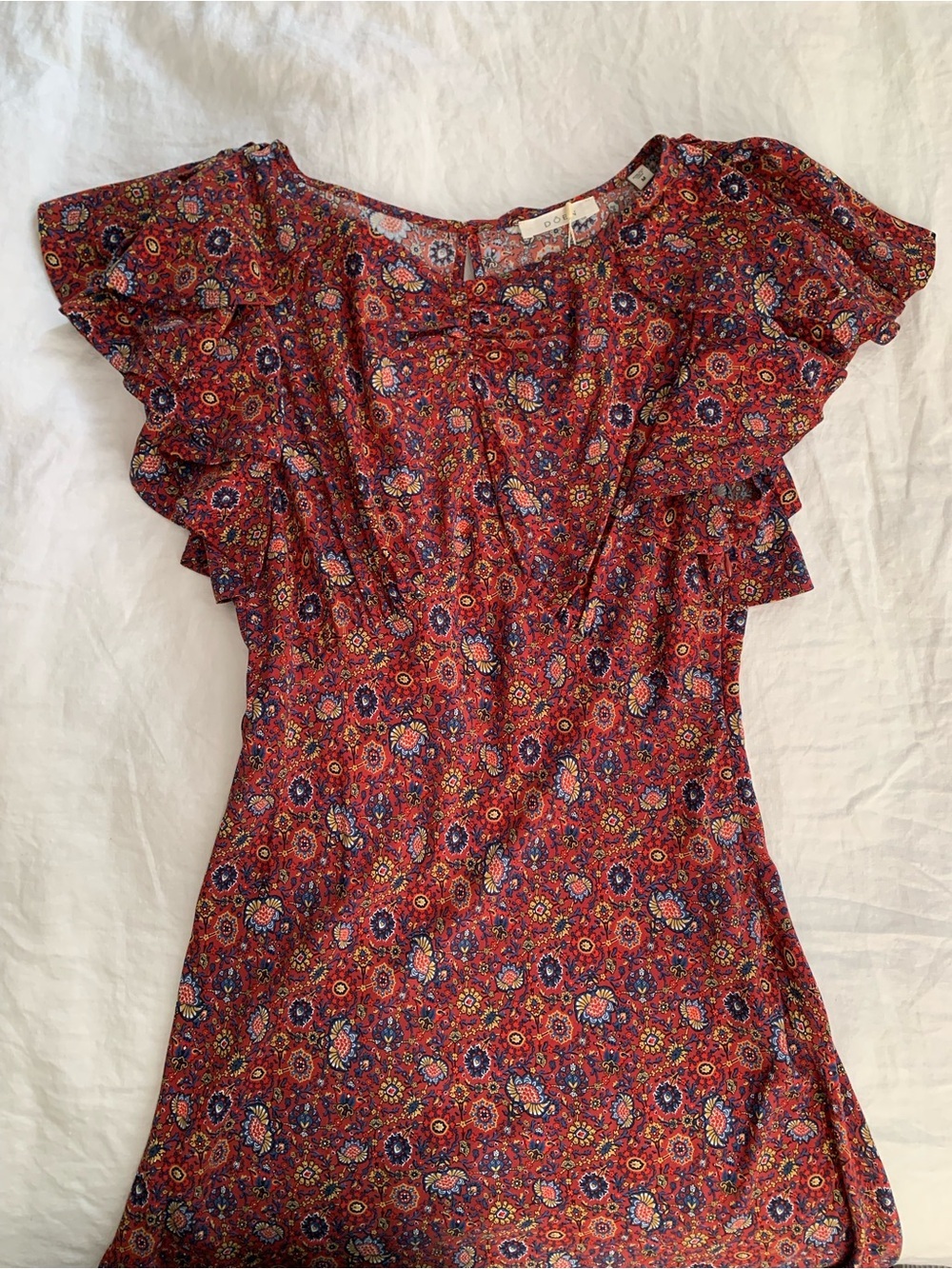 NWT Doen Beatriz Silk Ruffle Short Sleeve Maxi Dress Rouge Adaline Medallion - Picture 10 of 15